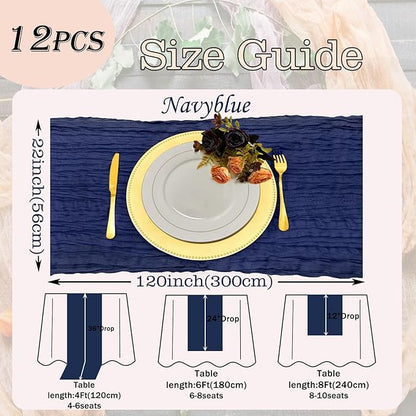12 Pack Navy Blue Cheesecloth Table Runner 22x120 Inch-Naturally Dyed Colors Sheer Gauze Cheese Cloth Wedding Table Runner,Rustic Boho Crinkle Fabric, Reception, Bridal Shower,Farmhouse Dining Decor