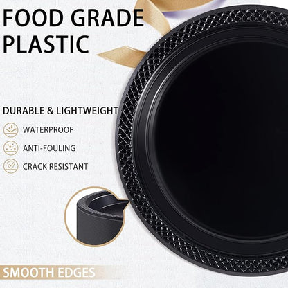 WELLIFE Black Plastic Plates 9 Inch -150 Count for Party, Plastic Disposable Dinner Plates for Halloween Picnic BBQ