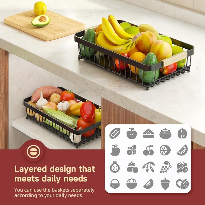 3-Tier Fruit Basket with Banana Hangers, Detachable Metal Bowl | Wooden handle - Image 6