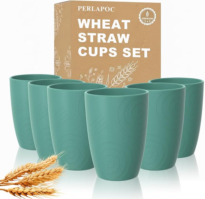 Wheat Straw Plastic Cups Set 6 PCS, 12 OZ Unbreakable Reusable Plastic Cups by Perlapoc