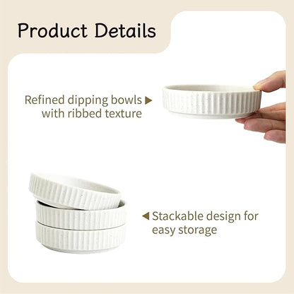 Ceramic Dipping Bowls Set of 6, 4oz Sauce Dishes, 3.74 Inch Diameter, Oxford White with Vertical Texture, Stackable & Dishwasher Safe (White)