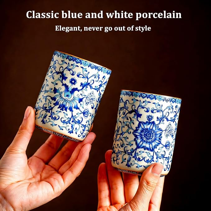 Blue and White Floral Porcelain Tea Cups Set of 2 | No Handle, Bone China - Image 2