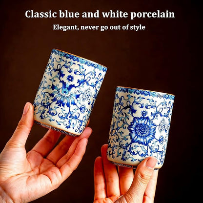 Blue and White Floral Porcelain Tea Cups Set of 2 | No Handle, Bone China - Image 2