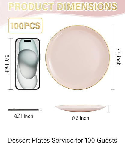 Nervure 100Pieces Pink and Gold Plastic Plates - 7.5inch Disposable Pink Salad/Dessert Plates - Heavy Duty Plastic Plate Ideal for Wedding & Party