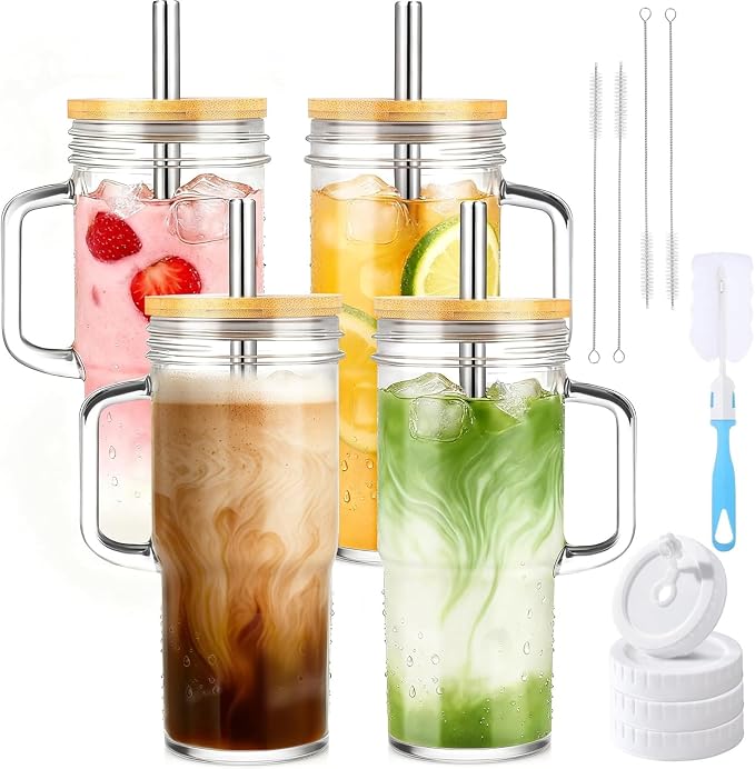 Birity Glass Cups with Lids and Straws, 24oz Glass Tumbler With Handle by 24ozRibbedGlassCup