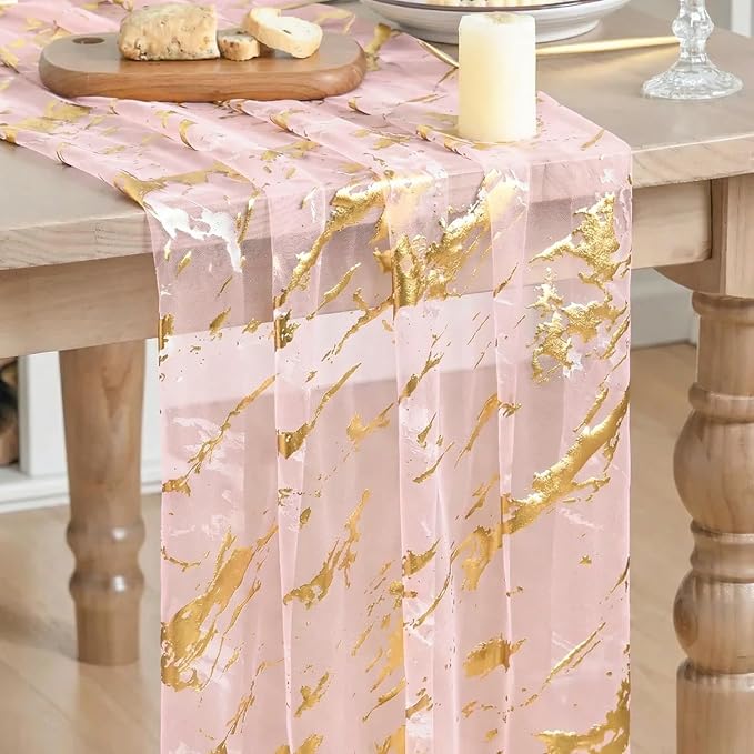 Artoid Mode Marble Pattern Pink Gauze Table Runner 10FT, Glitter Metallic Foil by ArtoidMode
