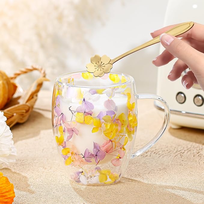 Double Wall Glass Coffee Mugs, Aesthetic Dried Flowers Cups - Image 2