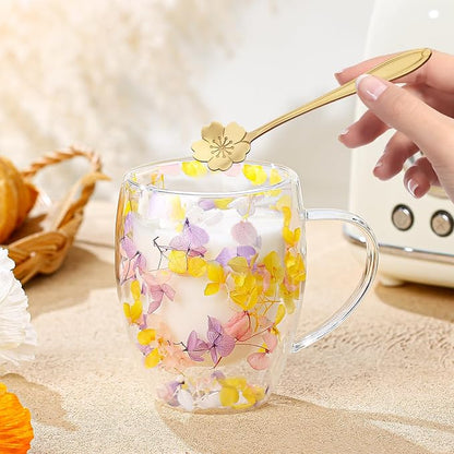 Double Wall Glass Coffee Mugs, Aesthetic Dried Flowers Cups - Image 2