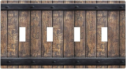 Light Switch Cover Rustic Barn Door Vintage Country Wood Board 4 Gang Switch Plate Quad Toggle Wall Plates Decorative Switchplate Electrical Outlet Cover for Farmhouse Cabin Decor