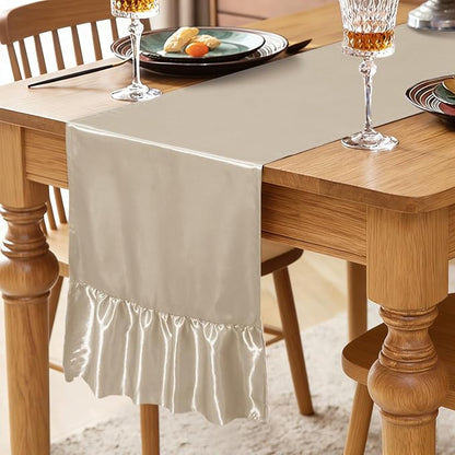 2 Pack Champagne Satin Table Runner 12 x 72 Inch | Ruffle Design, Luxurious - Image 2