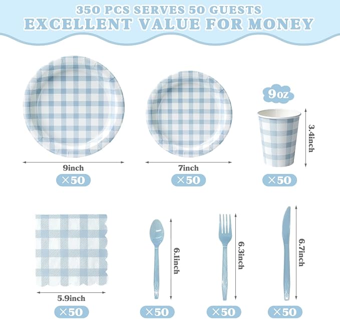 Vyntra 350 Pcs Blue Gingham Paper Plates and Napkins Set - Image 4
