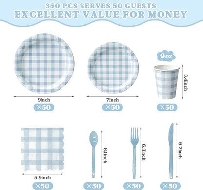 Vyntra 350 Pcs Blue Gingham Paper Plates and Napkins Set - Image 4
