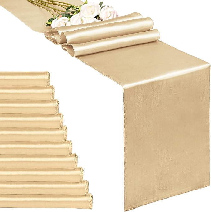 10-Pack Champagne 12 x 108 inches Long Premium Satin Table Runner | Wedding by REWOMC