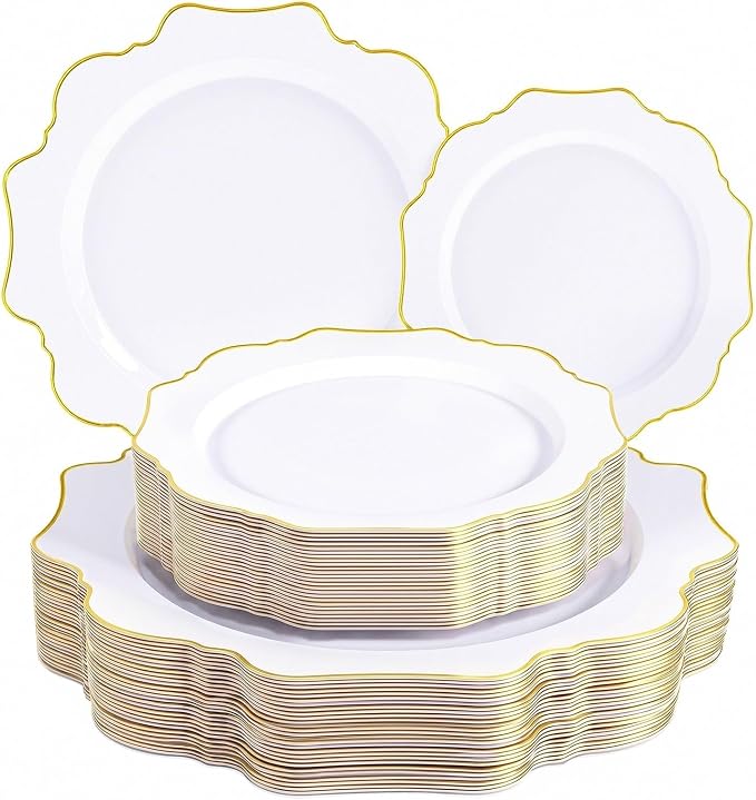 50PCS White and Gold Plastic Plates by WDF