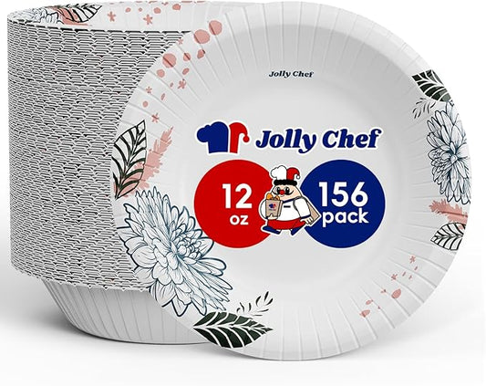 JOLLY CHEF 156 Count Paper Bowls 12 oz Soak Proof and Cut Proof Microwave Safe Heavy Duty Flower Printed Disposable Bowls for Dinner or Lunch