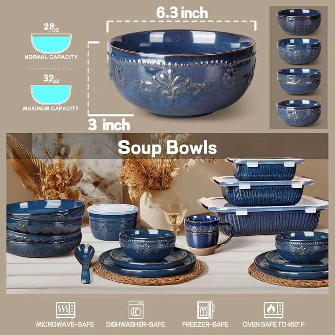 Soup Bowls 32 OZ, Cereal Bowls Set of 4, Embossment Ceramic Ramen Bowls - Image 2