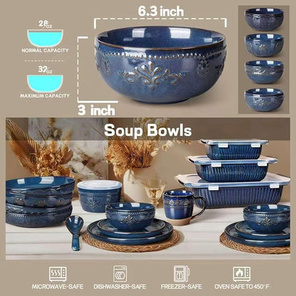 Soup Bowls 32 OZ, Cereal Bowls Set of 4, Embossment Ceramic Ramen Bowls - Image 2