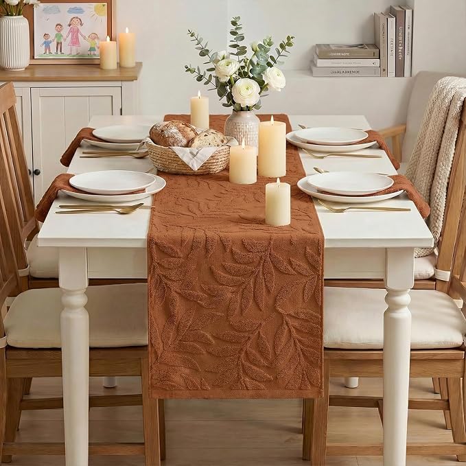 Artoid Mode Caramel Soft 3D Jacquard Leaves 100% Cotton Spring Table Runner - Image 2
