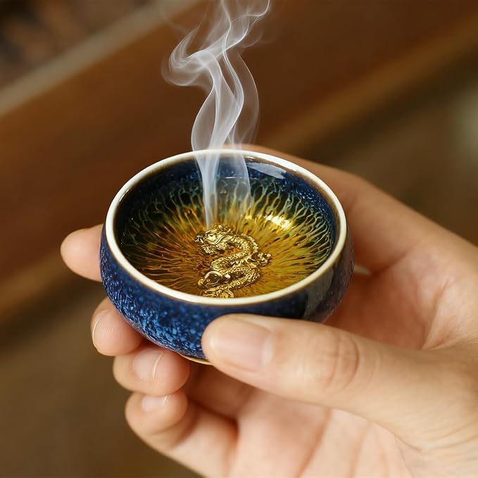 Tenmoku Ceramic Tea Cup with Dragon, 3 oz Chinese Small Teacup | Handmade - Image 5