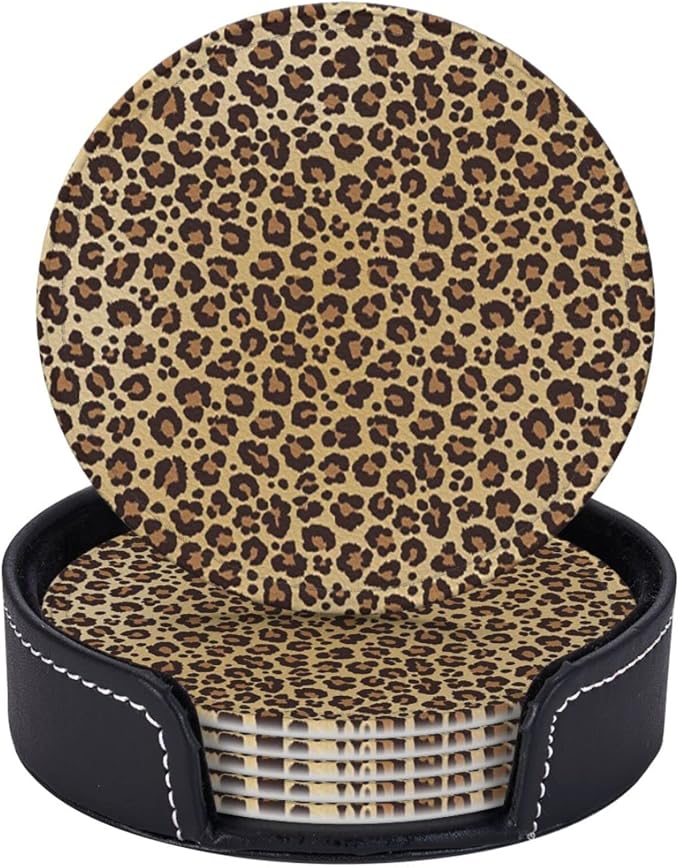 6 Pcs Animal Leopard Cheetah Print Brown Leather Coasters - Image 2
