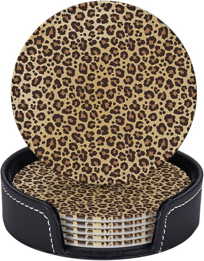 6 Pcs Animal Leopard Cheetah Print Brown Leather Coasters - Image 2