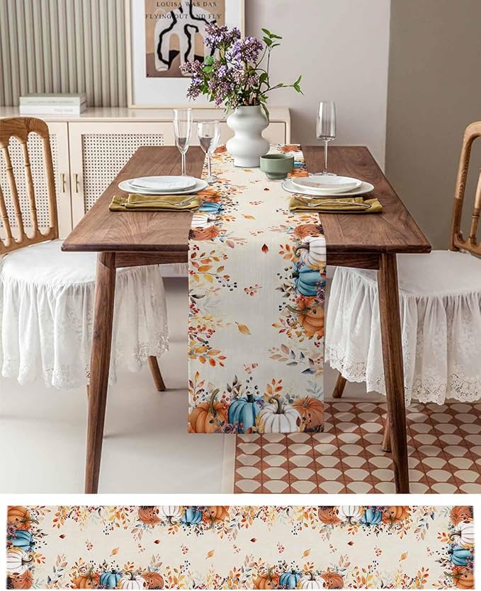 Orange Blue Pumpkin Fall Table Runner 108 Inches Long, Thanksgiving Eucalyptus - Image 4
