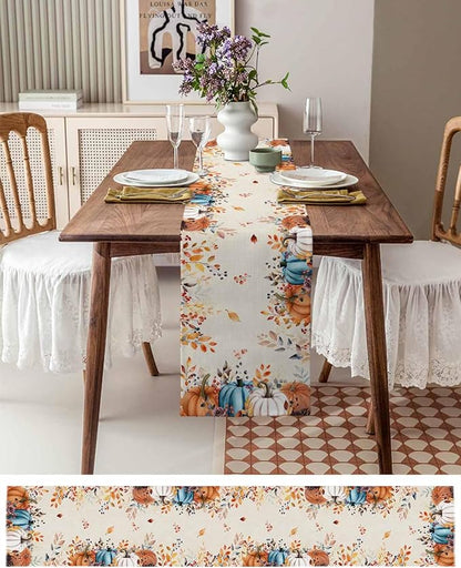 Orange Blue Pumpkin Fall Table Runner 120 Inches Long, Thanksgiving Eucalyptus - Image 4