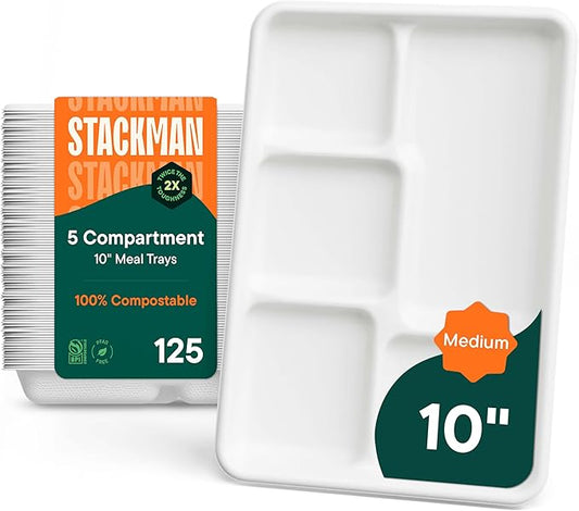 100% Compostable Paper Plate 125-Pack 5-Compartment Bagasse School Lunch Tray, Heavy Duty Quality Disposable Tray, Eco-Friendly Made of Sugar Cane Fibers