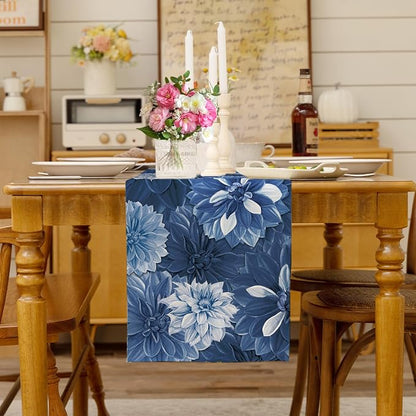 Navy Blue Dahlia Flower Summer Table Runner Blue Gray Burlap Table Runners - Image 3