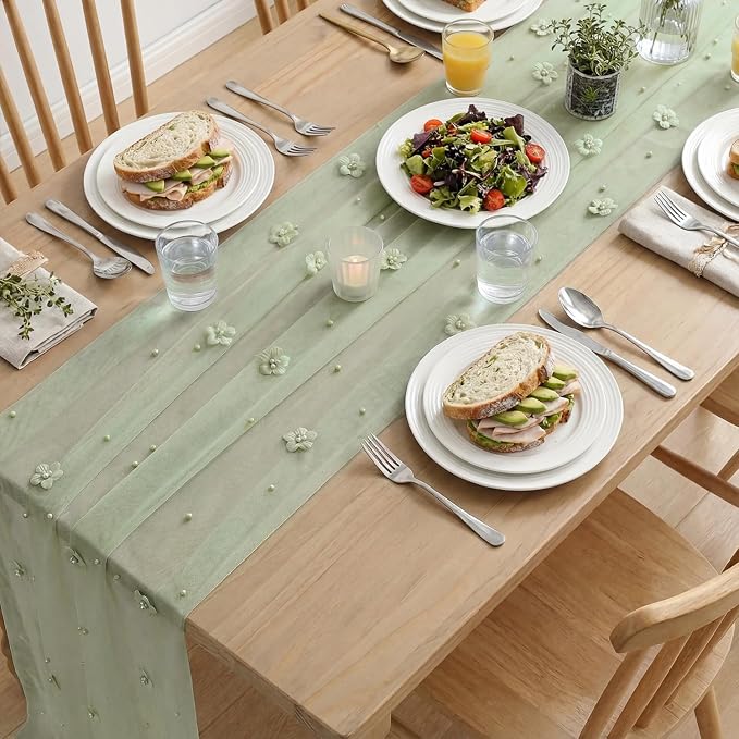 Artoid Mode Sage Green Flower Pearl Green Gauze Table Runner 10FT, Seasonal - Image 5