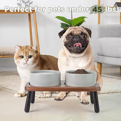 SPUNKYJUNKY Ceramic Elevated Dog Bowls Raised with Acacia Bamboo Wooden Stand, 6.1'' Dog and Cat Food Water Bowls Set Non-Slip for Small Medium Sized Breed Microwave Dishwasher Safe - 28.7 OZ,Grey