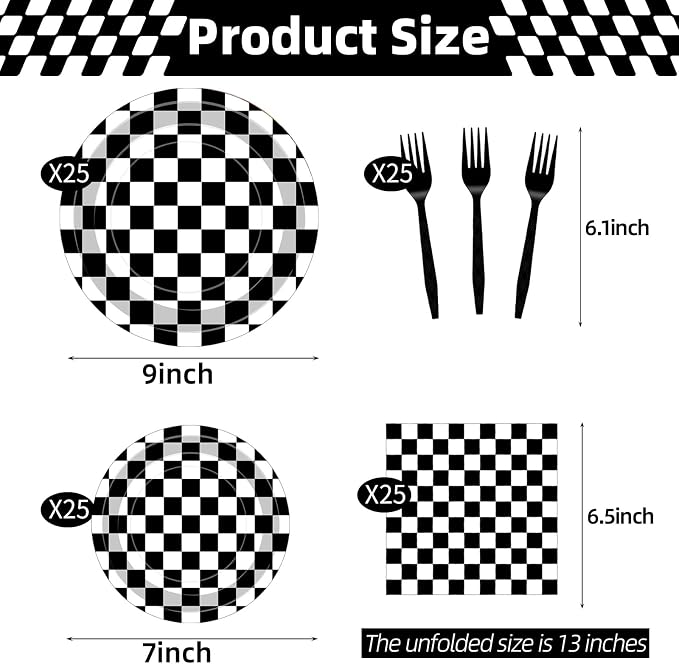 100 Pcs Racing Checkered Party Supplies Set, Serves 25 – Disposable Black and - Image 2