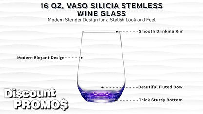DISCOUNT PROMOS 10 Vaso Silicia Stemless Wine Glasses Set, 16 oz. - Clear, Orb-Like, Thick base - Purple