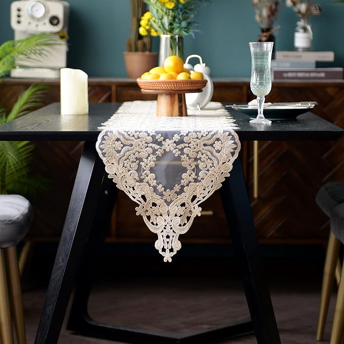 SUTAVIA Lace Table Runner 12"×48" Gold Embroidered Dresser Scarf | Classic by SUTAVIA