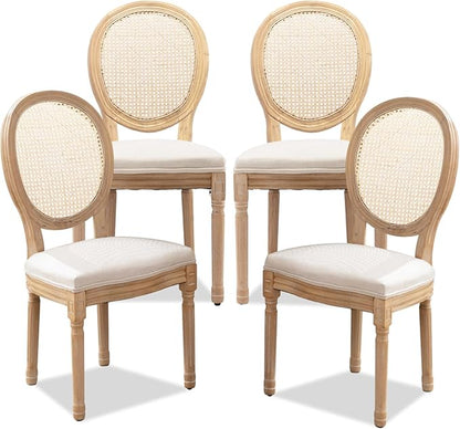 SoarFlash French Dining Chairs Set of 4, Vantage Dining Chair with Round Back, Farmhouse Country Rattan Dining Chair for Kitchen,Bedroom,Beige