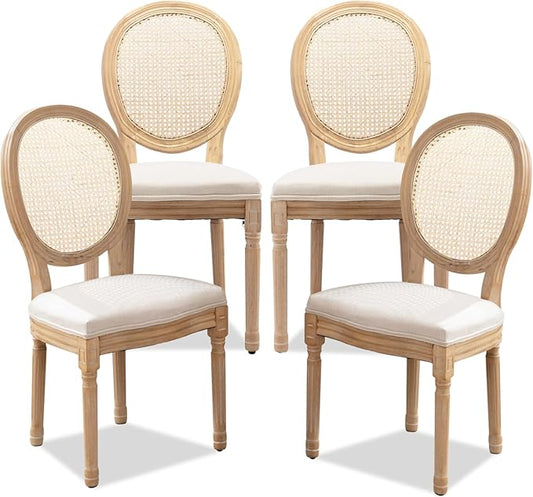 SoarFlash French Dining Chairs Set of 4, Vantage Dining Chair with Round Back, Farmhouse Country Rattan Dining Chair for Kitchen,Bedroom,Beige