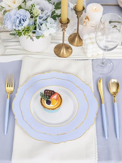 WDF 60pcs Blue Plates Disposable With Gold Rim - Baroque Baby Blue Plastic Party Plates for Wedding/Party/Baby Shower
