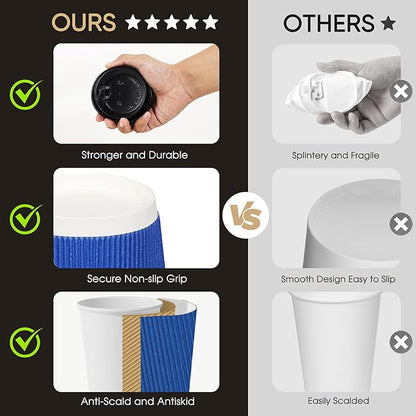 100 Pack 16 oz Disposable Coffee Cups with Lids and Straws, Insulated Ripple Wall To Go Paper Corrugated Cups, Bulk for Hot/Cold Drinks, Cafe Bar, Office, Chocolate, Cocoa (Navy)