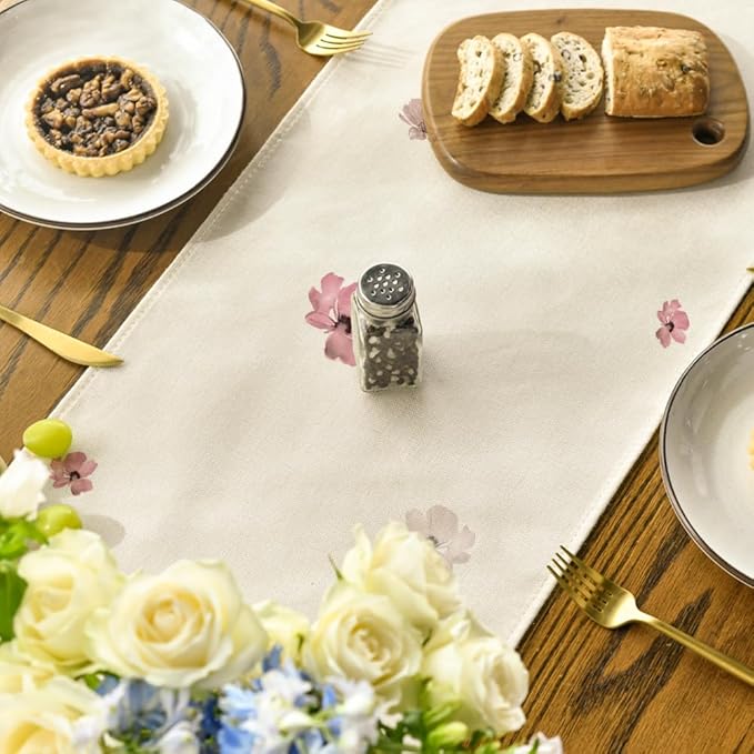 Artoid Mode Pink Poppy Floral Leaves Spring Table Runner, Seasonal Summer Fall Kitchen Dining Table Decoration for Home Party Decor 13x72 Inch