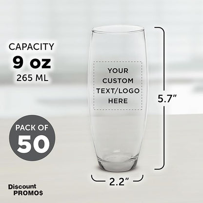 DISCOUNT PROMOS 50 ARC Stemless Champagne Flutes Set, 9 oz. - Customizable Text, Logo - Cachet, Glassware, Cocktails - Clear