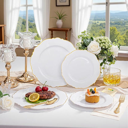 WDF 60pcs White and Gold Plastic Plates - Baroque White With Gold of 30 Heavy Duty Gold dinner plates 10.25inch, 30 Salad Plates 7.5inch Perfect for Weddings/Party/Birthday/Valentine's Days