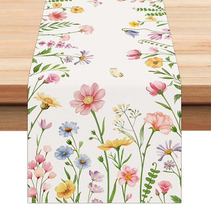 Bonhause Spring Floral Table Runner 13x72 Inch Pink Flowers Plants Leaves by Bonhause