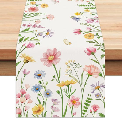 Bonhause Spring Floral Table Runner 13x72 Inch Pink Flowers Plants Leaves by Bonhause