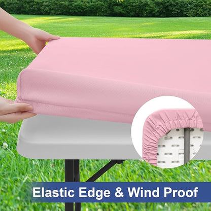 homing 2 Pack Rectangle Table Cloth, Elastic Fitted Fabric Tablecloth Fits for 8 Foot Folding Tables, Washable Table Cover for Picnic, Camping, Indoor & Valentine's Day (Pink, 30" x 96")