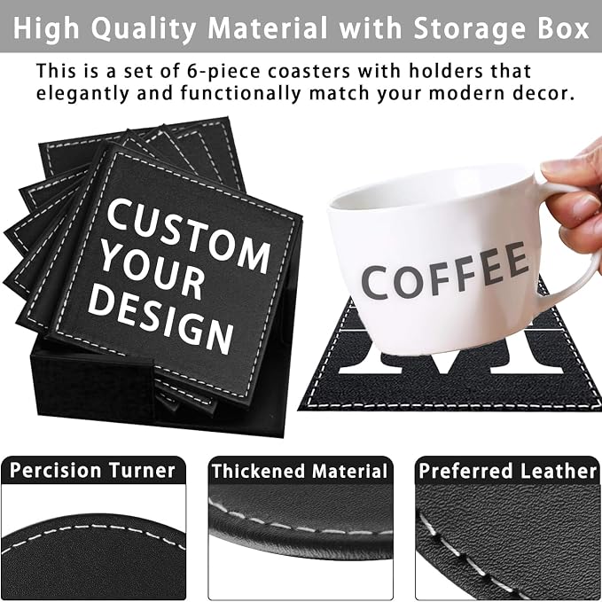 Personalized Coasters, Custom Set of 6 Leather Coaster - Image 3