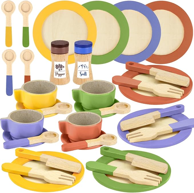 Wooden Play Dishes and Plates for Kids Kitchen Set Accessories | Cooking Toys by Beberolen