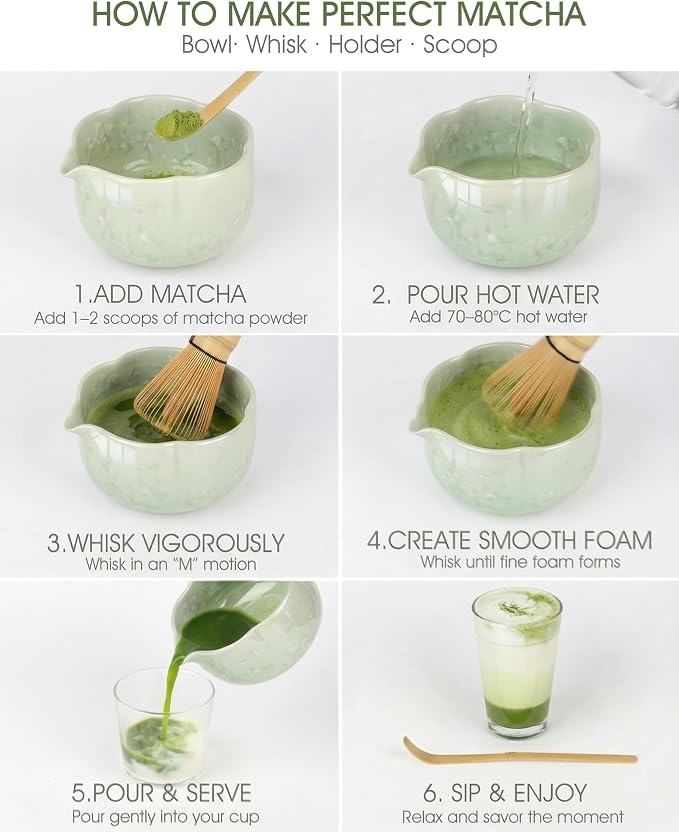 4-Piece Matcha Set, Crystal Glazed Bowl and Bamboo Whisk | Handcrafted Petal - Image 6