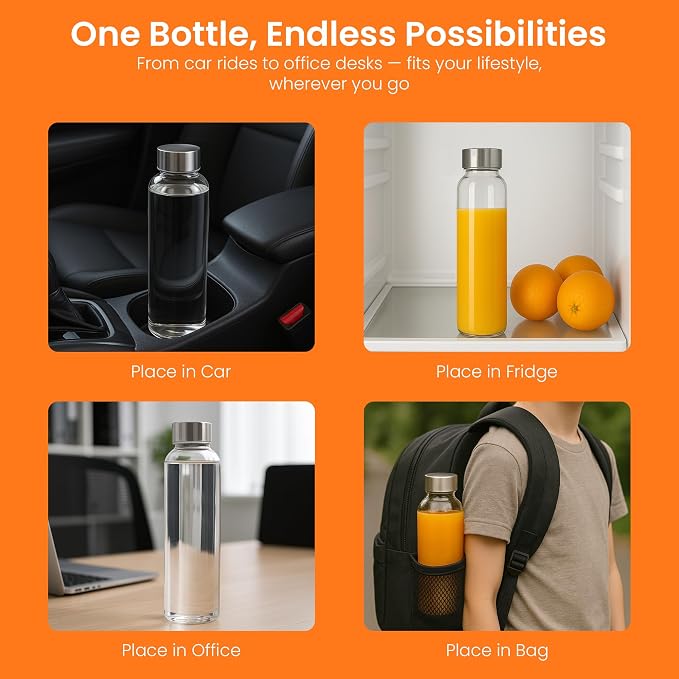 Epica Clear Glass Bottles with Lids 18oz Water Bottles, Steel Cap - Image 6