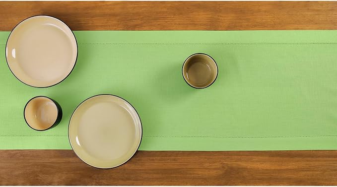 Solino Home Cotton Linen Dining Table Runner Green Hemstitch, 14 x 120 in | - Image 3