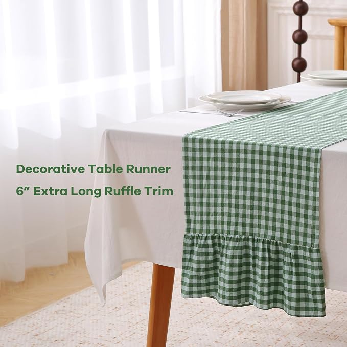 Green White Plaid Gingham Ruffle Table Runner 72 inches Long 100% Washed Cotton - Image 3